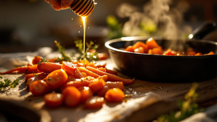Gros plan d'un chef versant du miel sur des carottes rôties dans une poêle en fonte posée sur une table en bois rustique, lumière dorée volumétrique, légère vapeur et ambiance chaleureuse