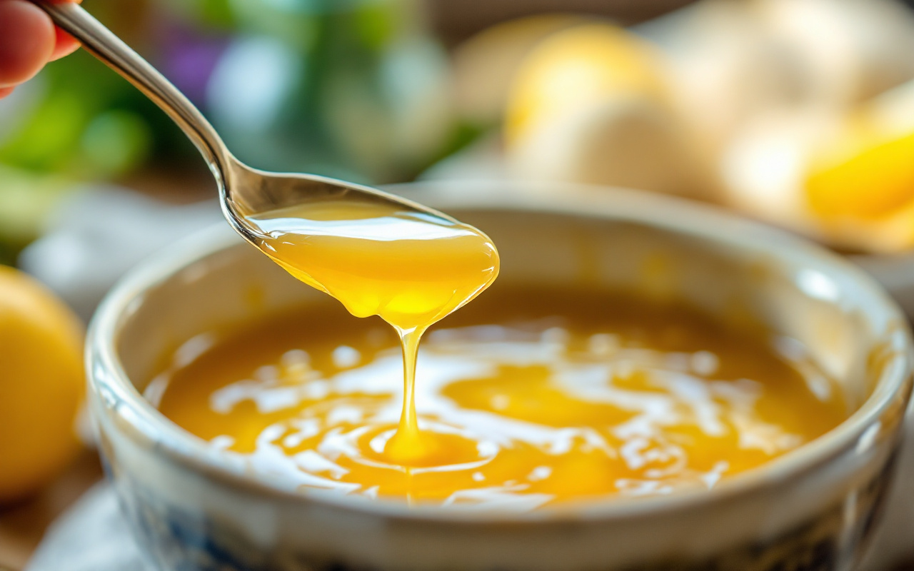 Gros plan d'une petite cuillère de gelée royale dorée fouettée dans une vinaigrette au citron dans un bol en céramique, lumière naturelle chaude et volumétrique, légère motion du fouet et fines éclaboussures.