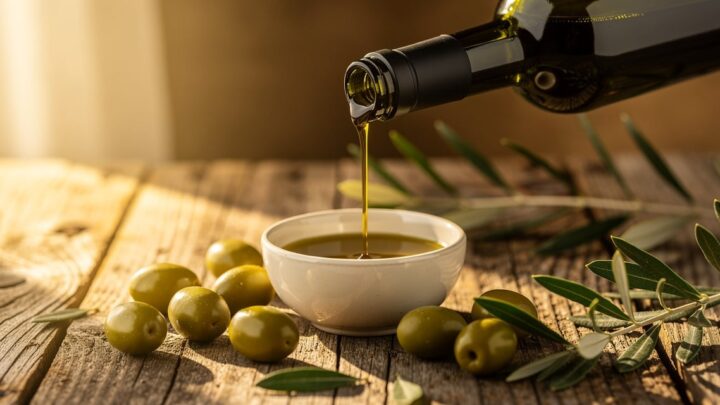 Huile d olive vierge extra versée dans un bol en céramique avec olives fraîches