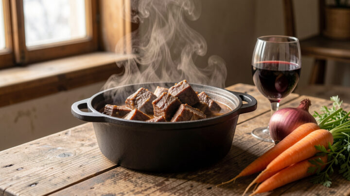 Cocotte en fonte fumante de civet de sanglier sur une table rustique, accompagnée de vin rouge, carottes et oignons, sous une lumière hivernale chaleureuse.