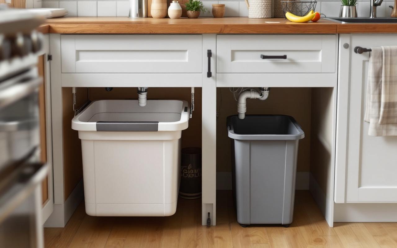 Comparatif visuel de plusieurs poubelles à compost compactes sous évier, avec un seau suspendu et un bac de plan de travail, dans une cuisine étroite.
