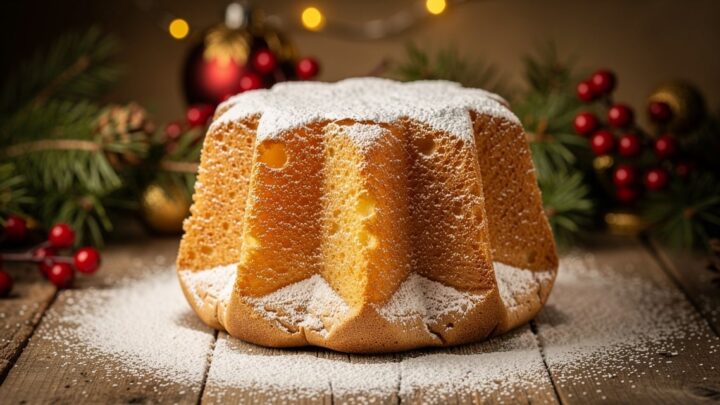 Pandoro traditionnel italien en forme d etoile a huit branches saupoudre de sucre glace