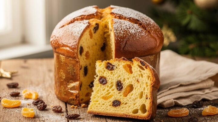 Panettone italien traditionnel posé sur une table en bois, vue d'ensemble du gâteau de Noël milanais