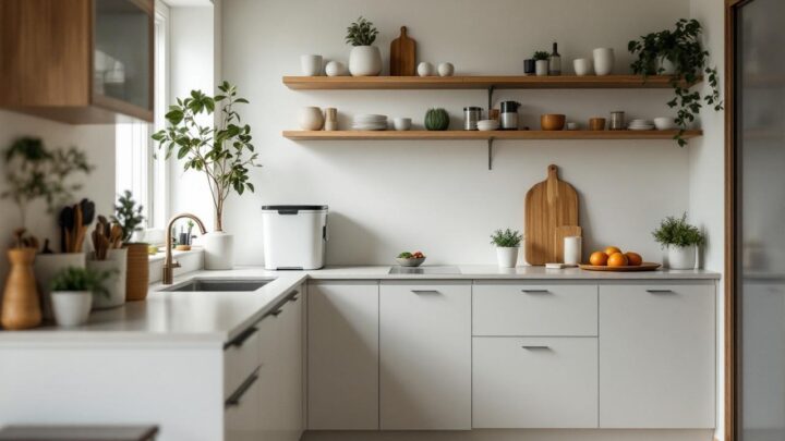 Petite cuisine moderne lumineuse d’appartement, avec une poubelle à compost compacte près du plan de travail et des rangements optimisés autour.
