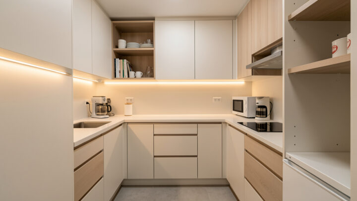 Petite cuisine moderne bien organisée avec rangements astucieux, équipements compacts, lumière douce et ambiance fonctionnelle et élégante.
