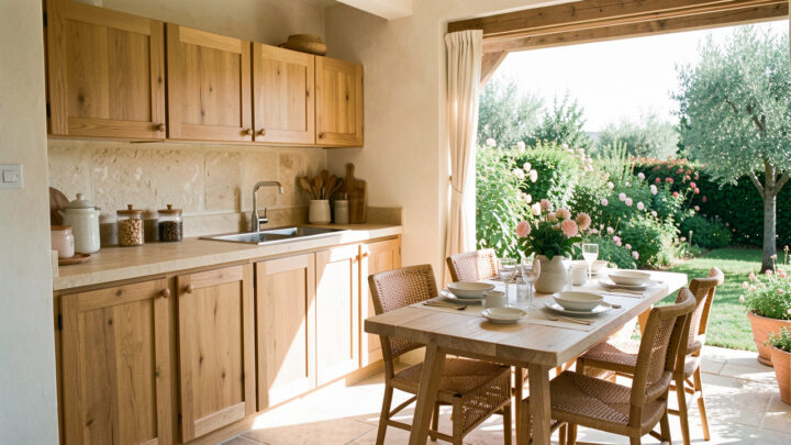 Cuisine d’été lumineuse dans une petite dépendance rénovée, avec plan de travail en pierre, mobilier en bois et repas dressé à l’extérieur.