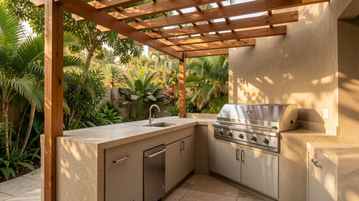 Cuisine d’été moderne aménagée dans un jardin luxuriant, avec plan de travail extérieur, pergola en bois et lumière douce.