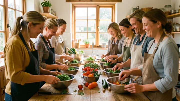 Atelier de cuisine lumineux où des femmes et des hommes préparent des fanes et des légumes dans des saladiers en inox, dans une ambiance chaleureuse à Montandon.