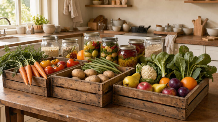 Cuisine familiale lumineuse avec des cagettes de légumes imparfaits, des fruits mûrs et des bocaux de conservation disposés sur un plan de travail en bois.