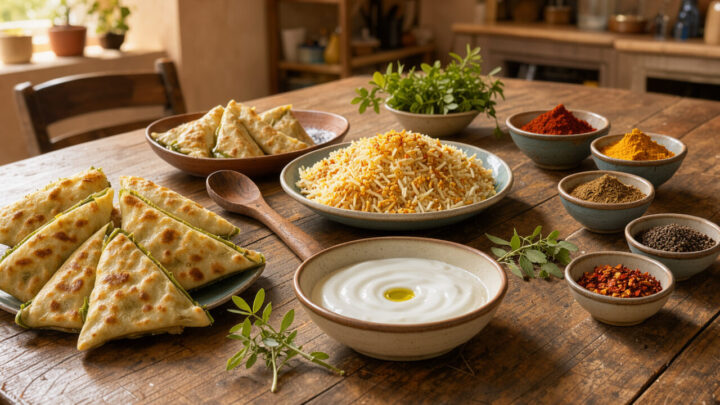 Table généreuse de cuisine afghane avec bolani aux poireaux, sauce au yaourt, riz parfumé, herbes fraîches et épices dans une lumière chaude.
